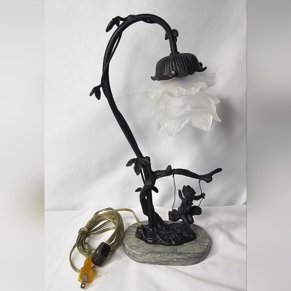 Andrea By Sadek Fairy On Swing Bronze Lamp Glass Flower Shade Marble Stand - Picture 12 of 12